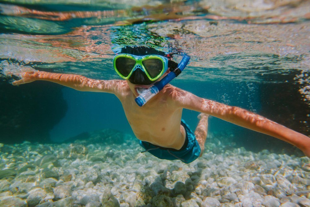 Niño con máscara de snorkel observando peces de colores junto a sus padres en una actividad de submarinismo familiar segura y educativa.